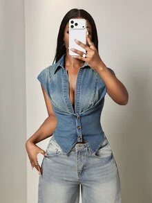 Mistrie Women's Collared Slim Fit Fashion Washed Denim Short Top - Medium Wash - View 2