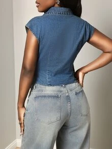 Mistrie Women's Collared Slim Fit Fashion Washed Denim Short Top - Medium Wash - View 3