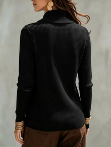 Holdful Holdful Women's Solid Color Long Sleeve Ribbed Fabric Asymmetrical Collar Casual Daily Commute Outing Top With Button Decor And Hem Slit Shirt - Black - View 2