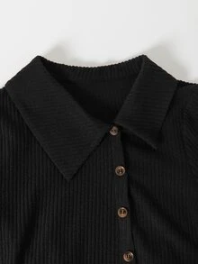 Holdful Holdful Women's Solid Color Long Sleeve Ribbed Fabric Asymmetrical Collar Casual Daily Commute Outing Top With Button Decor And Hem Slit Shirt - Black - View 5