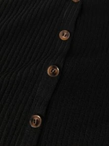 Holdful Holdful Women's Solid Color Long Sleeve Ribbed Fabric Asymmetrical Collar Casual Daily Commute Outing Top With Button Decor And Hem Slit Shirt - Black - View 6