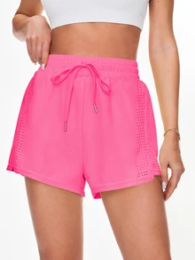 Easithlete Easithlete Solid Color Hollow-Out Drawstring Waist Loose Pocket Sports Shorts Sweater Shorts - Hot Pink - View 4