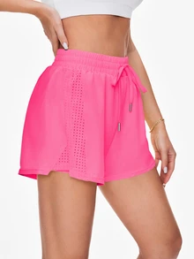 Easithlete Easithlete Solid Color Hollow-Out Drawstring Waist Loose Pocket Sports Shorts Sweater Shorts - Hot Pink - View 3