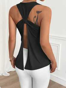 Easithlete Easithlete Women's Solid Color Twist Back Slit Hem Athletic Camisole - Black - View 6