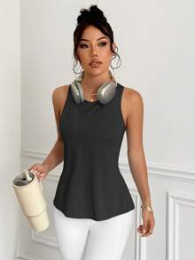 Easithlete Easithlete Women's Solid Color Twist Back Slit Hem Athletic Camisole - Black - View 5