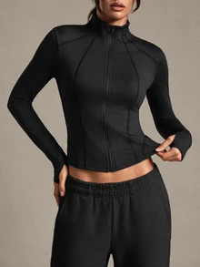 Easithlete Easithlete 女式纯色长袖拉链修身运动夹克 - 黑色 - 查看 4
