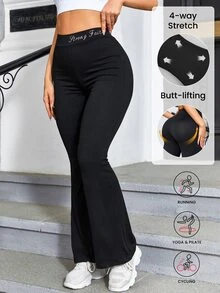 Easithlete Easithlete Women's High Waisted Flare Yoga Pants,Letter Graphic -Lifting Bootcut Leggings,Stretchy Wide Leg Work Pant For Running,Cycling & Pickleball - Black - View 8