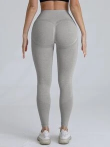 Easithlete Women's Light Grey Seamless Knitted High-Waisted Lifting-Bottom Yoga Pants,Stretchy Breathable Compression Slim Fit Leggings For Running - Light Grey - View 6