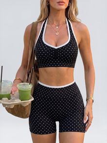 Easithlete Easithlete Women's Polka Dot Print Halter Neck Tank Top And Shorts Sports Set - Black and White - View 1