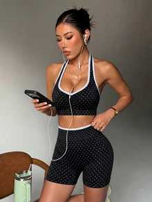 Easithlete Easithlete Women's Polka Dot Print Halter Neck Tank Top And Shorts Sports Set - Black and White - View 6