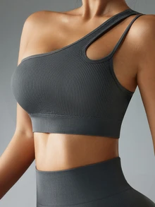 SHEIN Sports 纯色无缝露背单肩运动文胸 - 深灰色 - 查看 5