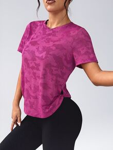 Easithlete Easithlete Women's Round Neck Raglan Short Sleeve Camouflage Casual Versatile Sports T-Shirt - Red Violet - View 2