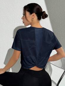 Easithlete Easithlete Mesh Patchwork Casual Versatile Twist Blue Comfortable Sports T-Shirt Blouse Gym - Blue - View 6