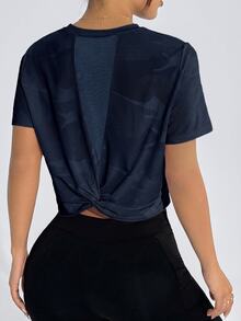 Easithlete Easithlete Mesh Patchwork Casual Versatile Twist Blue Comfortable Sports T-Shirt Blouse Gym - Blue - View 2