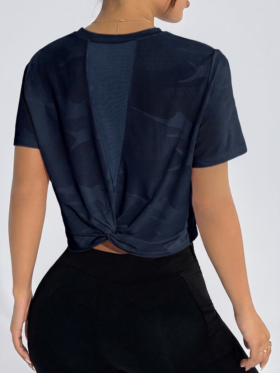 Easithlete Easithlete Mesh Patchwork Casual Versatile Twist Blue Comfortable Sports T-Shirt Blouse Gym