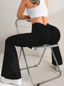 Easithlete Easithlete 女士纯色褶皱喇叭腿休闲健身瑜伽裤 - 黑色 - 查看 3
