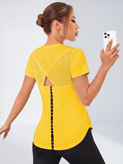 Easithlete Easithlete Camiseta deportiva de manga corta con estampado de letras y espalda calada para mujer, top de yoga, ropa deportiva para mujer, ropa de ejercicio, camisetas de gimnasio para mujer