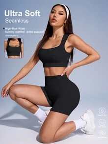 Easithlete Easithlete Women Solid Ribbed Fitness Tank Top & Shorts Set Workout Women Sets - Black - View 3