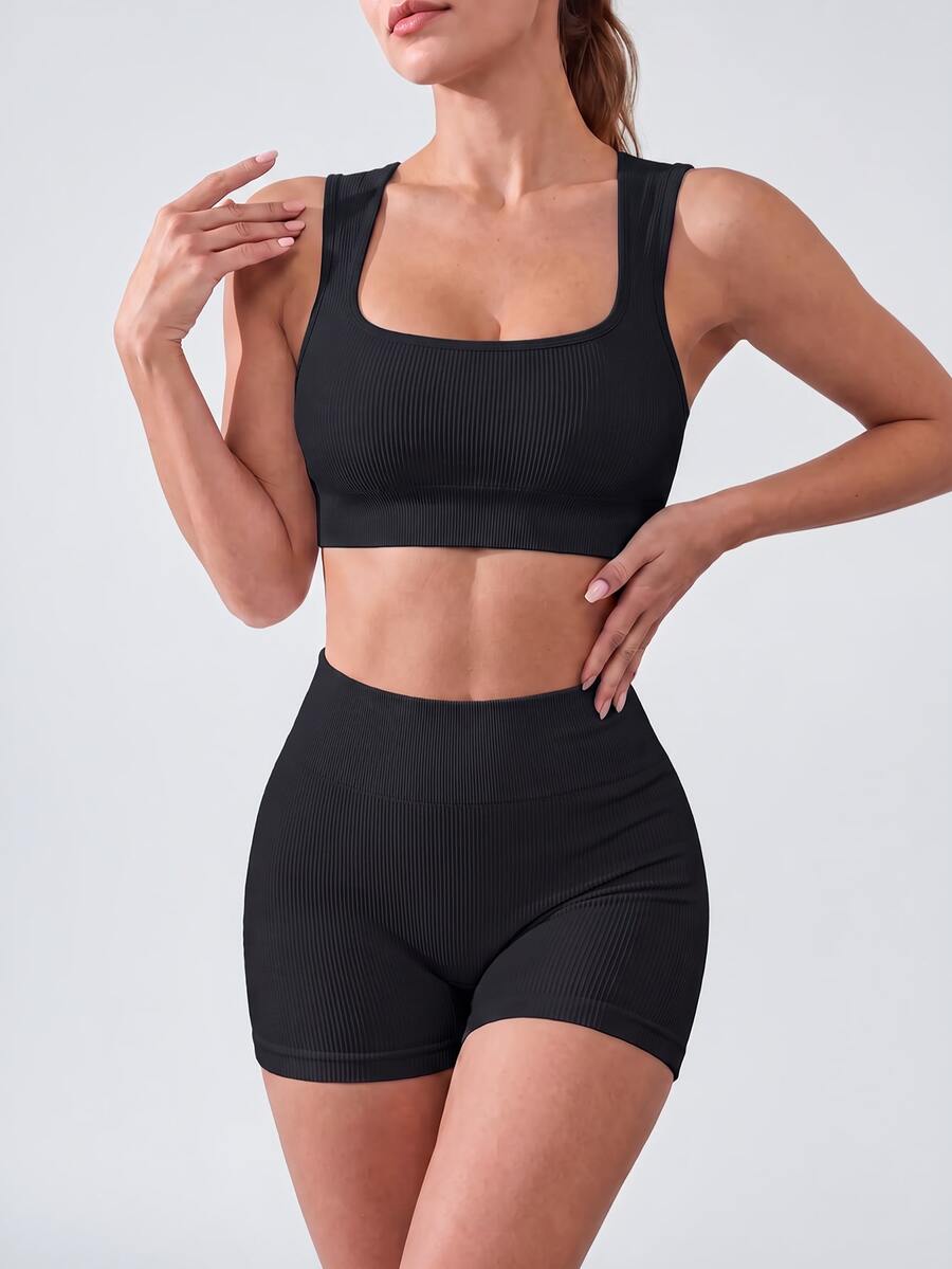 Easithlete Easithlete Women Solid Ribbed Fitness Tank Top & Shorts Set Workout Women Sets - Black - View 1