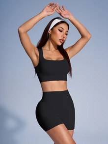 Easithlete Easithlete Women Solid Ribbed Fitness Tank Top & Shorts Set Workout Women Sets - Black - View 4