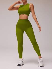 Easithlete Easithlete Women Letter Graphic Cropped Tank Top And Leggings Sports Set, Summer Workout Women Sets - Olive Green - View 4