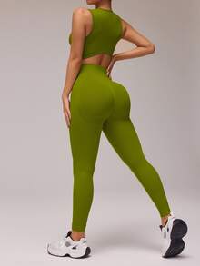 Easithlete Easithlete Women Letter Graphic Cropped Tank Top And Leggings Sports Set, Summer Workout Women Sets - Olive Green - View 3