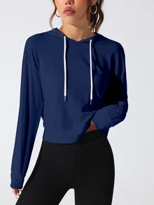 Easithlete Easithlete Women Casual Letter Print Long Sleeve Hollow Minimalist Hooded Sweatshirt - Blue - View 3