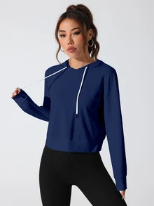 Easithlete Easithlete Women Casual Letter Print Long Sleeve Hollow Minimalist Hooded Sweatshirt - Blue - View 5
