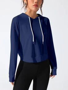 Easithlete Easithlete Women Casual Letter Print Long Sleeve Hollow Minimalist Hooded Sweatshirt - Blue - View 4