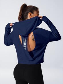 Easithlete Easithlete Women Casual Letter Print Long Sleeve Hollow Minimalist Hooded Sweatshirt - Blue - View 2