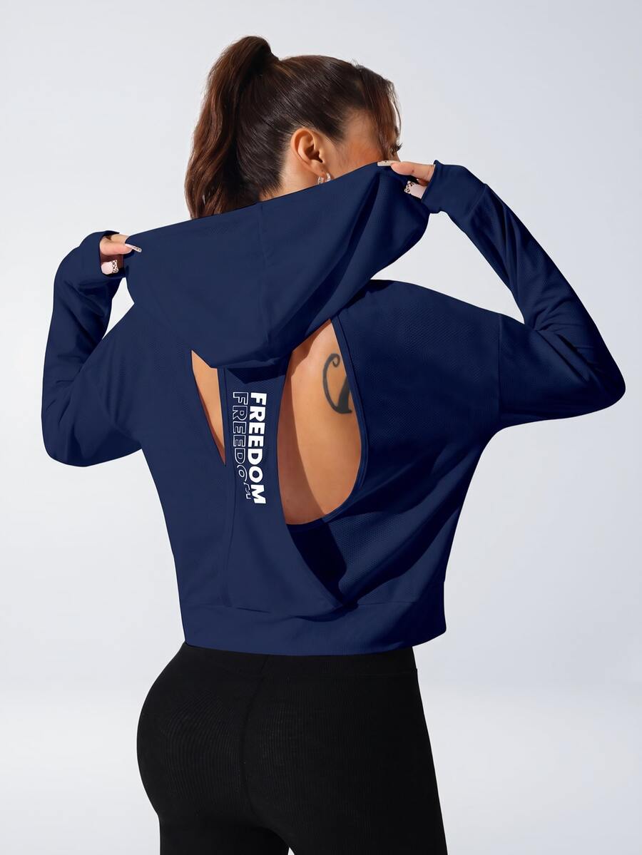 Easithlete Easithlete Women Casual Letter Print Long Sleeve Hollow Minimalist Hooded Sweatshirt