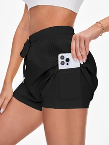 Easithlete Easithlete Women Solid Color Drawstring Waist Pockets Sport Shorts Sweater Shorts - Black - View 4