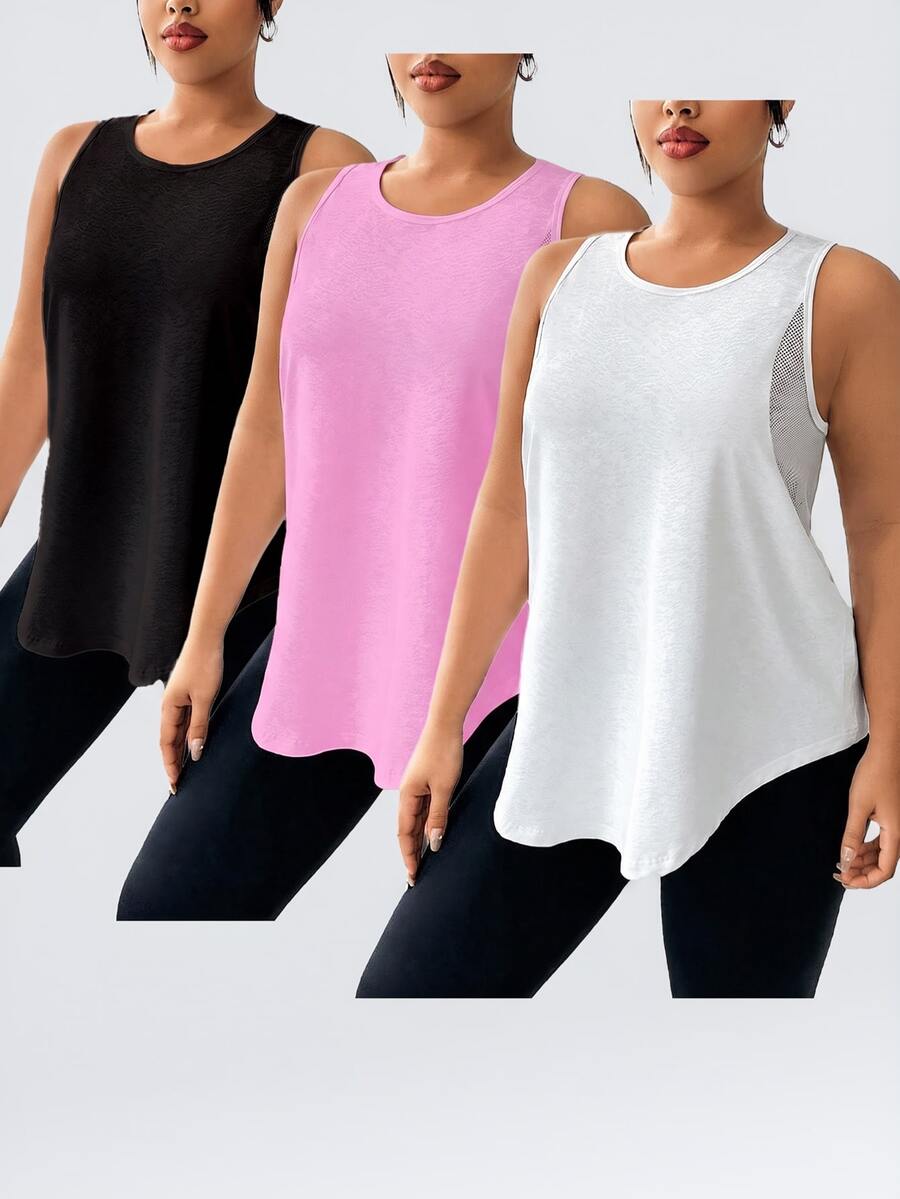 Easithlete 女款大尺碼 3 件組無袖圓領運動背心，網眼設計，黑白配色，夏季運動皮拉提健身房運動上衣，活力粉 - 彩色 - 查看 1