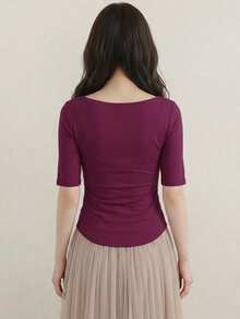 DAZY Women's Asymmetrical V-Neck Fitted Ruched Short Sleeve T-Shirt - Red Violet - View 6