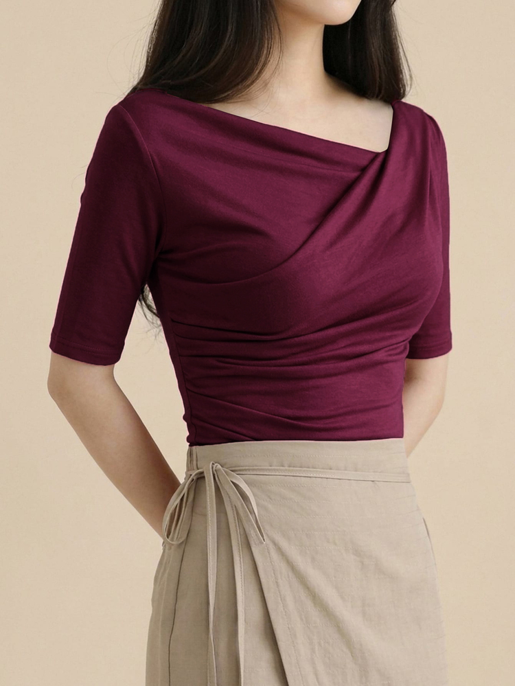 DAZY Women's Asymmetrical V-Neck Fitted Ruched Short Sleeve T-Shirt - Red Violet - View 1