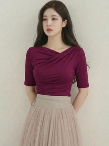 DAZY Women's Asymmetrical V-Neck Fitted Ruched Short Sleeve T-Shirt - Red Violet - View 2