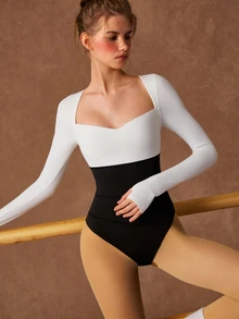 VARSIVA Women's Contrast Color Sweetheart Neck Long Sleeve Athletic Jumpsuit - Black and White - View 7