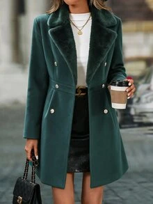 SHEIN Women's Autumn/Winter Fashion Double-Breasted Overcoat - Green - View 4