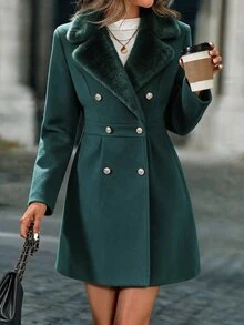 SHEIN Women's Autumn/Winter Fashion Double-Breasted Overcoat - Green - View 3