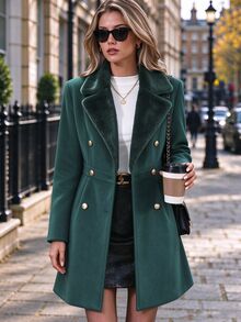 SHEIN Women's Autumn/Winter Fashion Double-Breasted Overcoat - Green - View 1