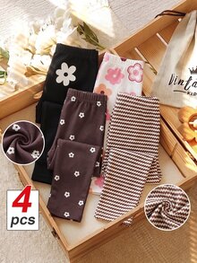 SHEIN 4pcs/Set Girls Toddler Simple All-Over Wave Line Floral Print And Solid Color Long Leggings Brown Black,Birthday,Christmas Party - Multicolor - View 3