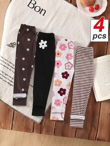 SHEIN 4pcs/Set Girls Toddler Simple All-Over Wave Line Floral Print And Solid Color Long Leggings Brown Black,Birthday,Christmas Party - Multicolor - View 4