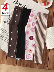 SHEIN 4pcs/Set Girls Toddler Simple All-Over Wave Line Floral Print And Solid Color Long Leggings Brown Black,Birthday,Christmas Party - Multicolor - View 2