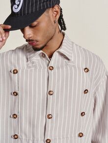PAVTROS Men's Vertical Striped Vintage Military Style Long Sleeve Shirt, Clean Fit, Retro Street Style Woven Top, Layering For Autumn/Winter, Single Wear For Spring/Autumn, Daily Commute, Theme Party, Holiday Gift - Beige - View 3