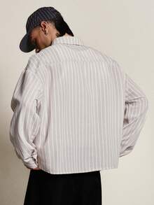 PAVTROS Men's Vertical Striped Vintage Military Style Long Sleeve Shirt, Clean Fit, Retro Street Style Woven Top, Layering For Autumn/Winter, Single Wear For Spring/Autumn, Daily Commute, Theme Party, Holiday Gift - Beige - View 2