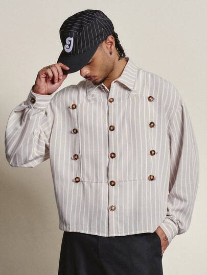 PAVTROS Men's Vertical Striped Vintage Military Style Long Sleeve Shirt, Clean Fit, Retro Street Style Woven Top, Layering For Autumn/Winter, Single Wear For Spring/Autumn, Daily Commute, Theme Party, Holiday Gift