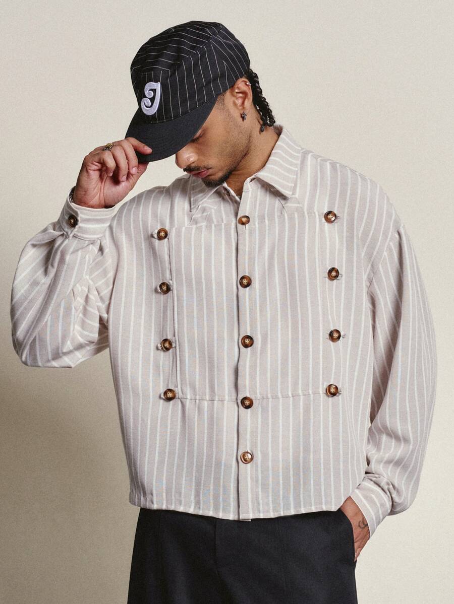 PAVTROS Men's Vertical Striped Vintage Military Style Long Sleeve Shirt, Clean Fit, Retro Street Style Woven Top, Layering For Autumn/Winter, Single Wear For Spring/Autumn, Daily Commute, Theme Party, Holiday Gift - Beige - View 1
