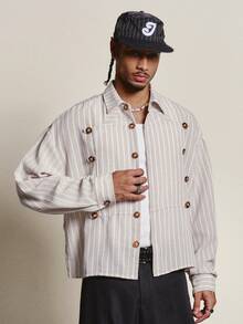 PAVTROS Men's Vertical Striped Vintage Military Style Long Sleeve Shirt, Clean Fit, Retro Street Style Woven Top, Layering For Autumn/Winter, Single Wear For Spring/Autumn, Daily Commute, Theme Party, Holiday Gift - Beige - View 5