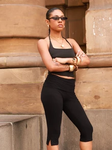 thauolivs Women's Casual Basic Basic Black Skinny 3/4 Leggings Workout Summer Active Everyday Gym - Black - View 4