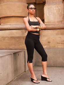 thauolivs Women's Casual Basic Basic Black Skinny 3/4 Leggings Workout Summer Active Everyday Gym - Black - View 1